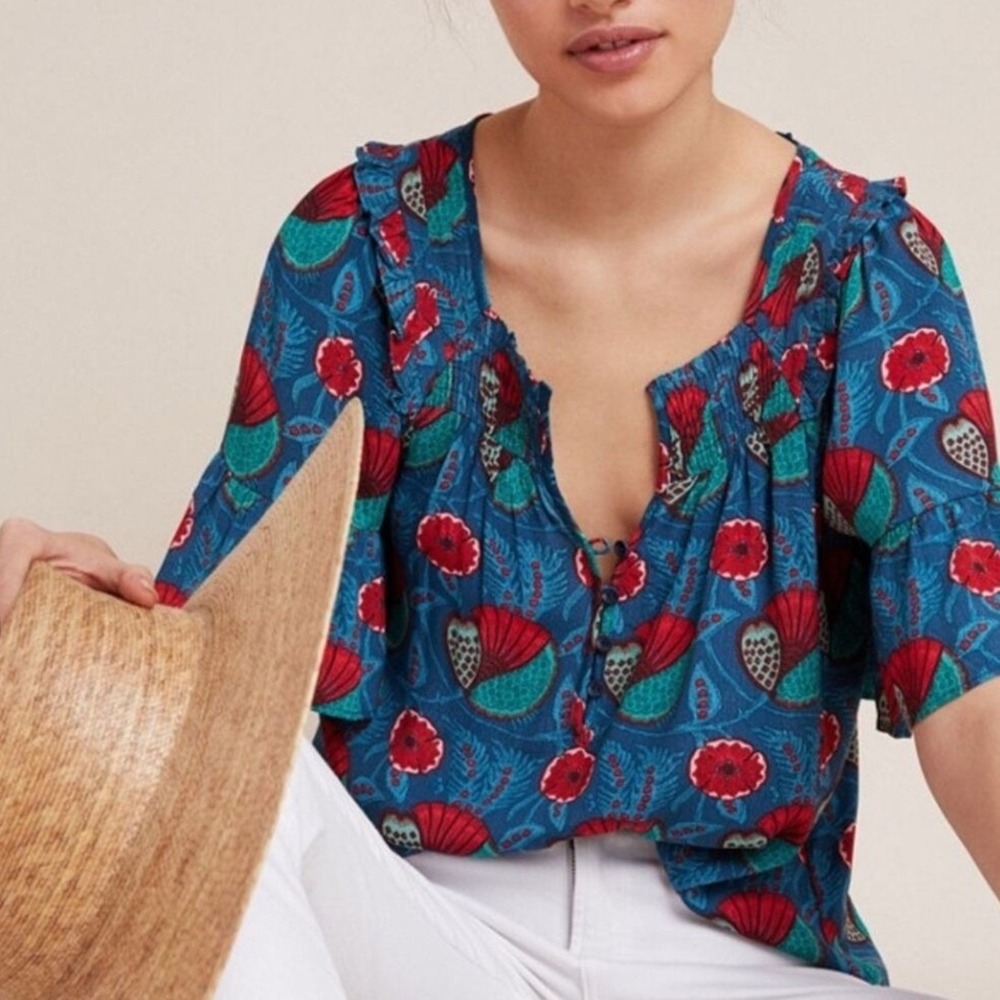 Maeve Letitia Blouse Womens XS Blue Floral Smocked Boho Excellent‎ Anthropologie